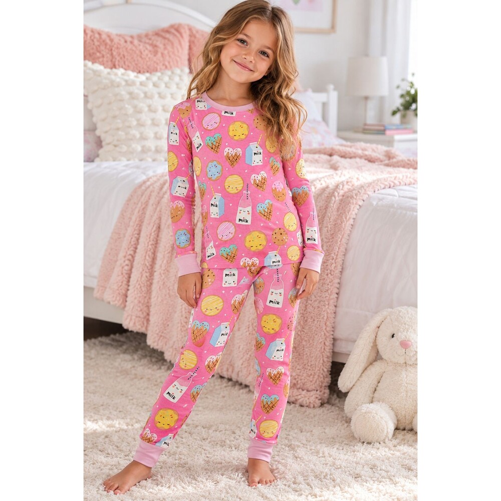 Little Sleepies Size 7/8 Bamboo Pajamas Pink Milk Cookies Dessert 2 Piece